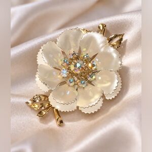 Vintage Coro Signed Enamel Flower Brooch • Aurora Borealis Rhinestones Gold Tone